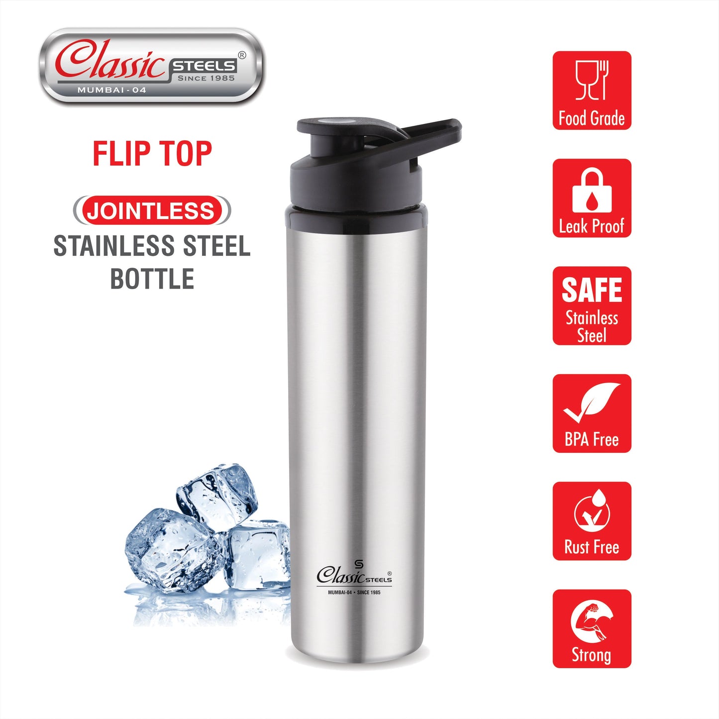 Flip Top Single Wall Stainless Steel Water Bottle