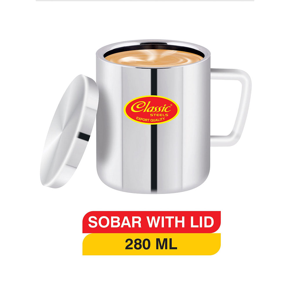 Exclusive Double Wall Big Sobar With Lid Mug 280 ML ( Pack Of 2 Pcs)