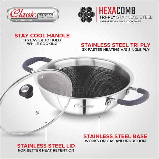 Classic Hexa Comb Triply Kadai With Glass Lid