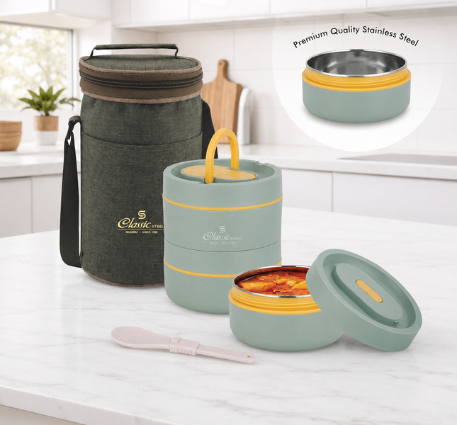 Sattvic Insulated Stainless Steel Lunch Box 3 Containers  Each & 1 Spoon Microwave Safe Leak Proof Air Tight Hot Lunch Box