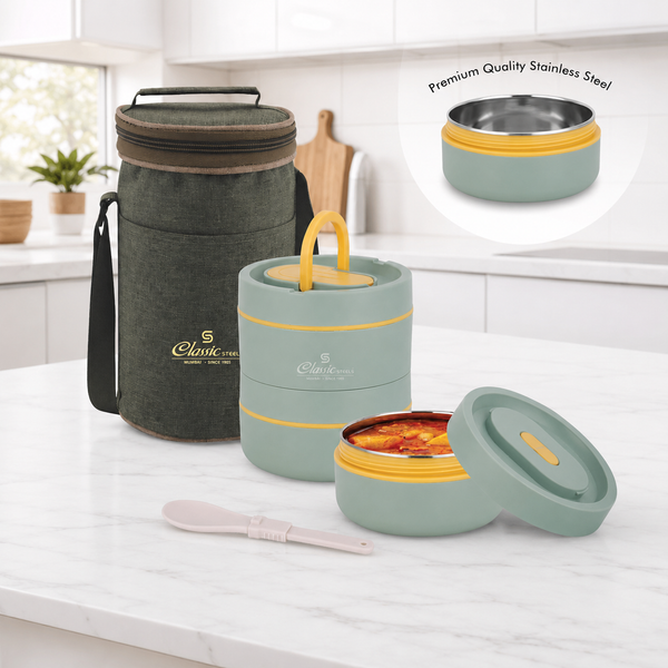 Sattvic Insulated Stainless Steel Lunch Box 3 Containers  Each & 1 Spoon Microwave Safe Leak Proof Air Tight Hot Lunch Box