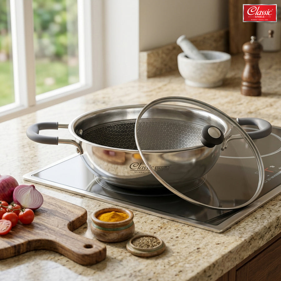 Hexa Comb Triply Kadai with Glass Lid