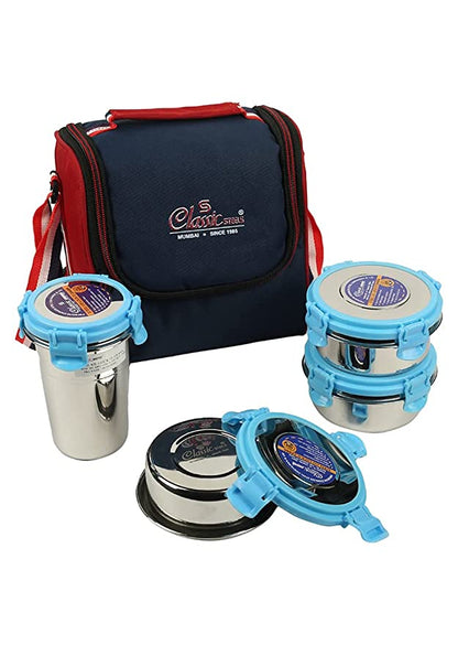 St.Steel Air Tight, Leak Proof Lunch Pack , Set of 3 Steel Containers + 1 Steel Glass With Insulated Foil Bag