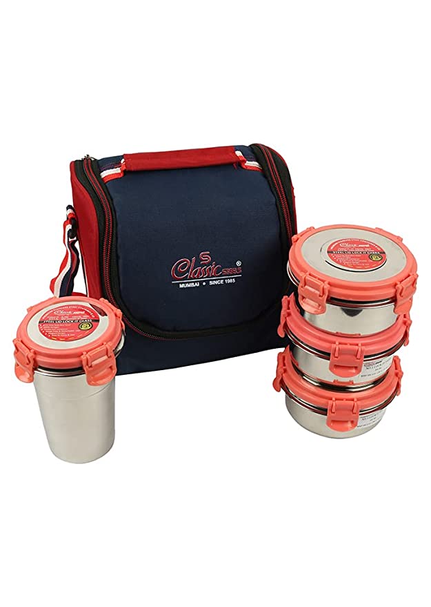St.Steel Air Tight, Leak Proof Lunch Pack , Set of 3 Steel Containers + 1 Steel Glass With Insulated Foil Bag