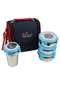 St.Steel Air Tight, Leak Proof Lunch Pack , Set of 3 Steel Containers + 1 Steel Glass With Insulated Foil Bag