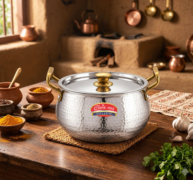 Triply Hammered Stainless Steel Handi with Lid