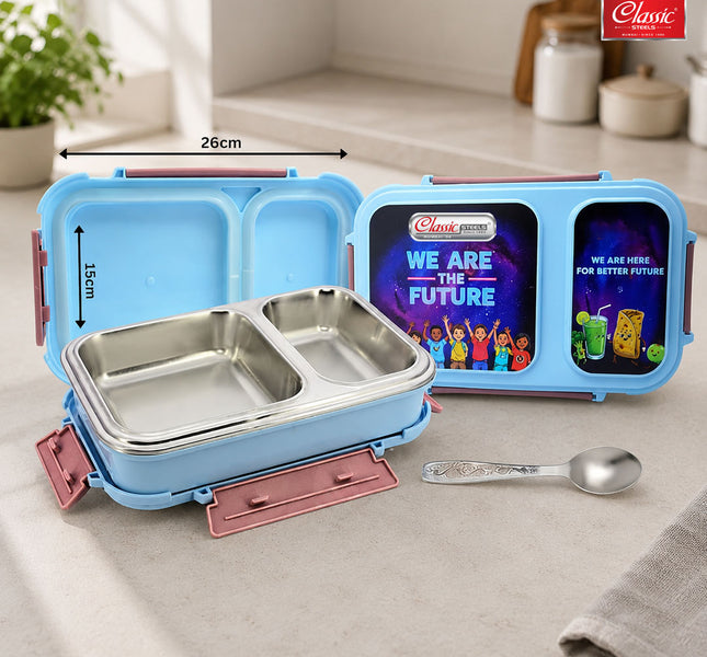 Bento Duo Lunch Box for Kids 2 Compartments Stainless Steel Insulated Tiffin Box with Spoon