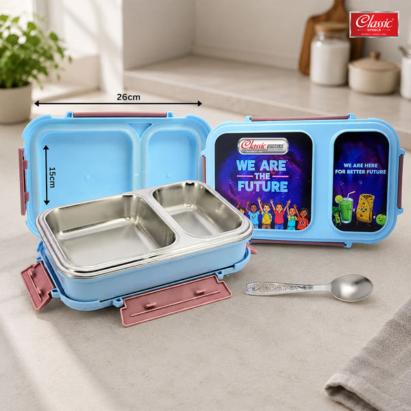 Bento Duo Lunch Box for Kids 2 Compartments Stainless Steel Insulated Tiffin Box with Spoon