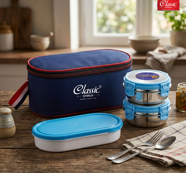 Carry Fresh Stainless Steel Lunch Box  3pc Set Chapati Dabba Tiffin for Office, School & College with Food Grade Steel Leakproof & Dishwasher Safe, Blue