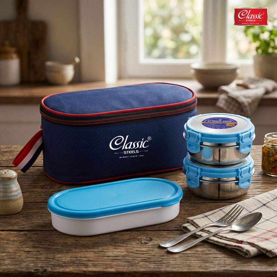Carry Fresh Stainless Steel Lunch Box  3pc Set Chapati Dabba Tiffin for Office, School & College with Food Grade Steel Leakproof & Dishwasher Safe, Blue