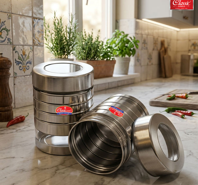 Utility Canister Set of  Airtight Stainless Steel Kitchen Storage Containers with See-Through Window & Top View Lid