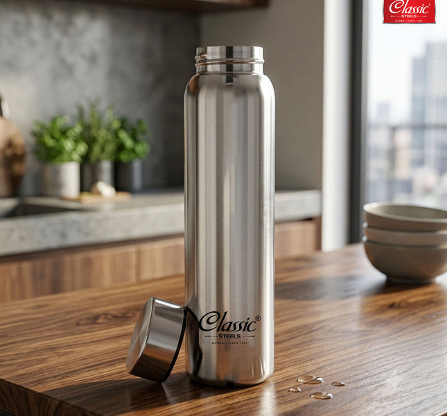1 LTR Single Wall Stainless Steel Jointless Bottle - Premium Leak Proof Water Bottle Glossy Silver Color Pack of (1)