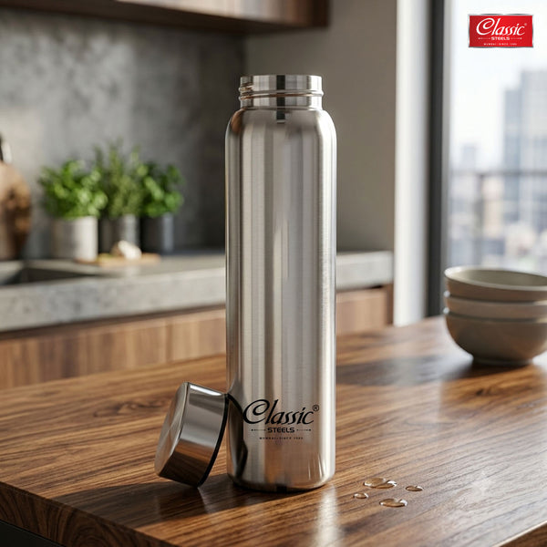 1 LTR Single Wall Stainless Steel Jointless Bottle - Premium Leak Proof Water Bottle Glossy Silver Color Pack of (1)