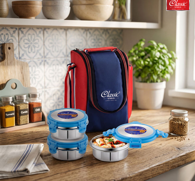 Classic Steels Lock It Stainless Steel Lunch Box Detachable Four Side Locking for Easy Opening 3 Containers Lunch Box, Blue