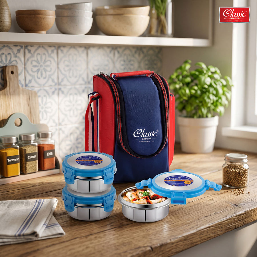 Classic Steels Lock It Stainless Steel Lunch Box Detachable Four Side Locking for Easy Opening 3 Containers Lunch Box, Blue