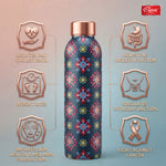 Blue Floral Printed Pure Copper Water Bottle 1 Litre  Lightweight, Leak-Proof Antibacterial