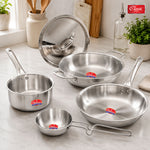 Stainless Steel Triply Cookware Gift Set (5 Pieces) with  Steel Lid, Fry Pan, Kadai, Saucepan, Tadka Pan Food-Grade Tri-Ply