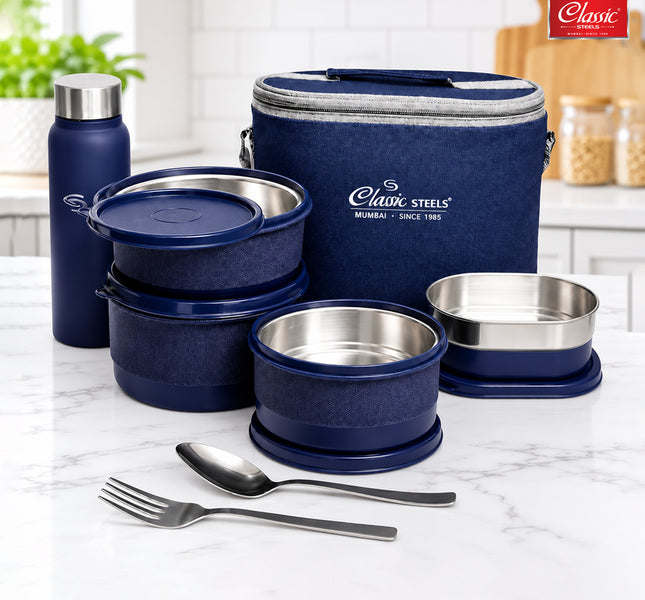 Urban Premium Steel Lunch Box Set of 7 with Insulated Carry Bag Includes 4 Microwave Safe Leak-Proof Containers 1100 ml & 500ml Steel Bottle BPA Free, Food Grade with Heavy Cutlery