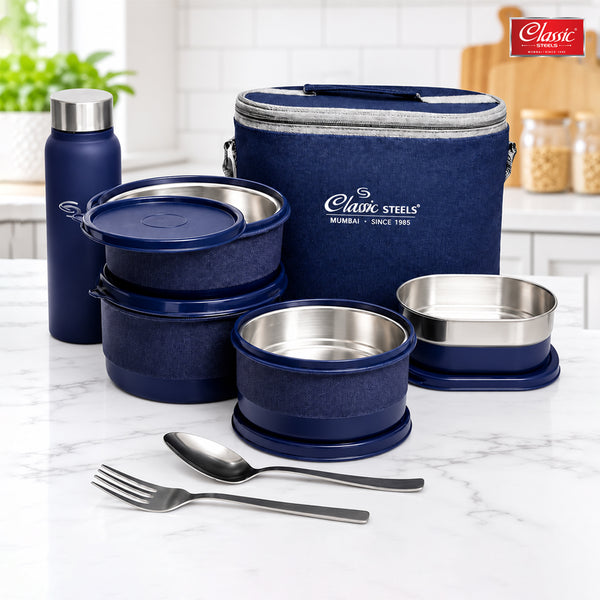 Urban Premium Steel Lunch Box Set of 7 with Insulated Carry Bag Includes 4 Microwave Safe Leak-Proof Containers 1100 ml & 500ml Steel Bottle BPA Free, Food Grade with Heavy Cutlery