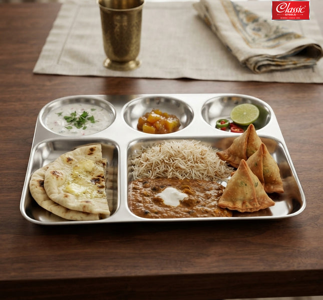 5-in-1 Stainless Steel Vatika Bhojan Thali Sets Round Dinner Plate with Compartment