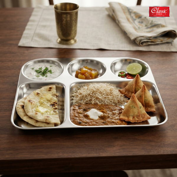 5-in-1 Stainless Steel Vatika Bhojan Thali Sets Round Dinner Plate with Compartment