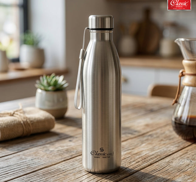 Smiley  Stainless Steel Water Bottle, Water Bottles, Single Walled, Leak-Proof, Rust-Free Steel Bottle, Easy Grip, Easy to Carry, Travel Bottle, Silver