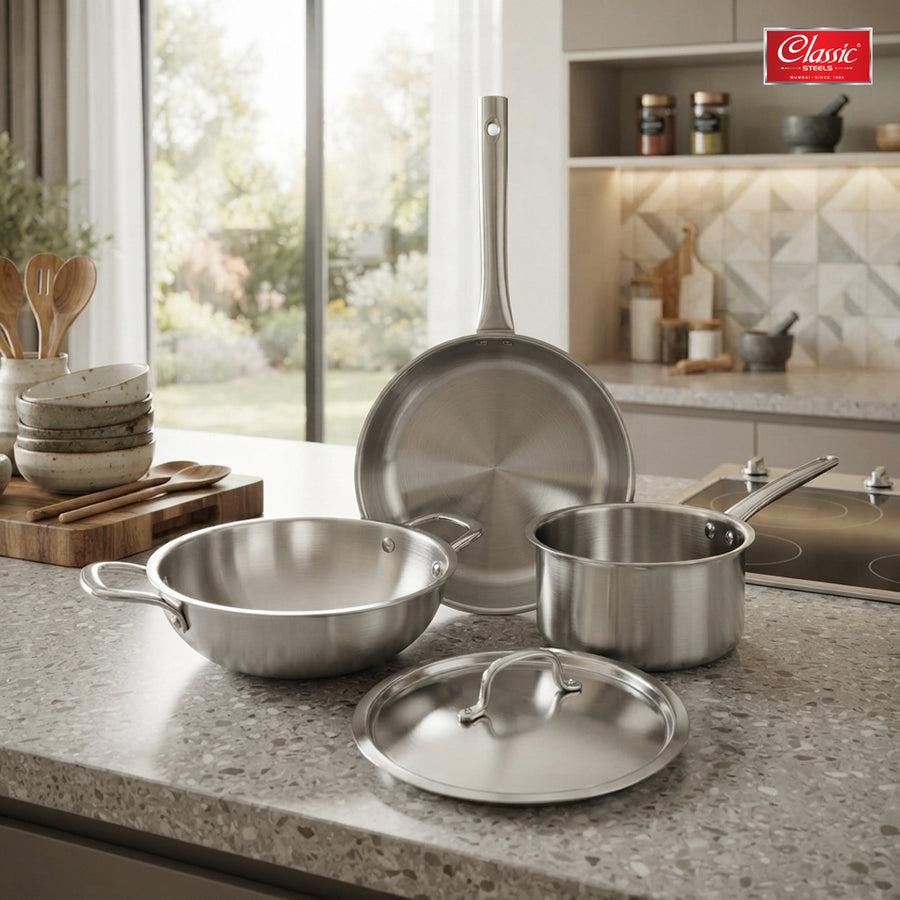 Triply Cookware Gift Set (4 Pieces) with Steel Lid Fry Pan, Kadhai, Saucepan & Lid