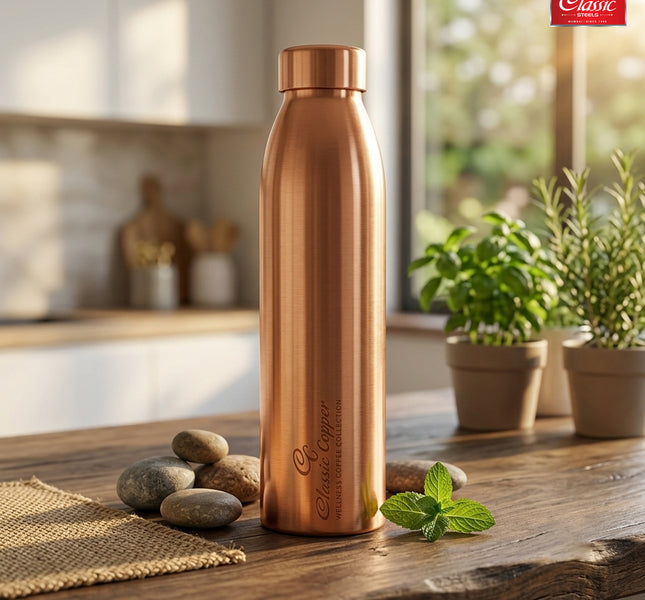 Pure Copper Bottle One Piece Jointless - Made With Pure Copper Durable, Leak-Free, Heavy Weight, Lequer Coating