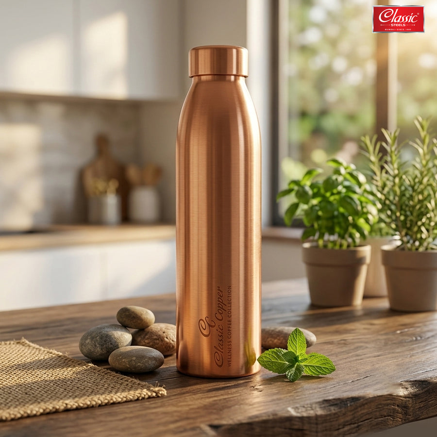 Pure Copper Bottle One Piece Jointless - Made With Pure Copper Durable, Leak-Free, Heavy Weight, Lequer Coating