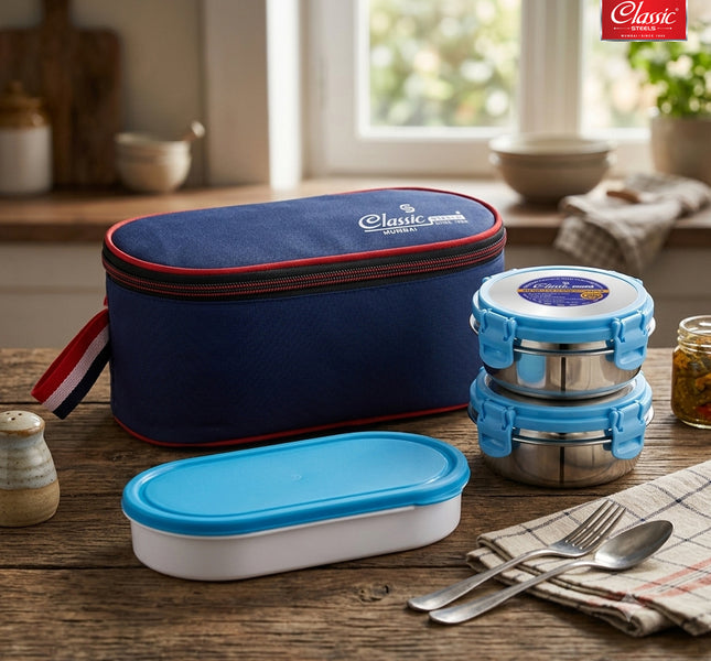 Carry Fresh Stainless Steel Lunch Box  3pc Set Chapati Dabba Tiffin for Office, School & College with Food Grade Steel Leakproof & Dishwasher Safe, Blue