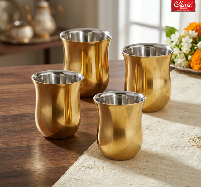 Delight Gold PVD Double Wall Stainless Steel Mug (Set of 4) Tea & Coffee Cups Insulated Premium Gift Set for Home Office Wedding & Corporate Gifting