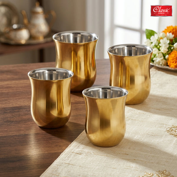 Delight Gold PVD Double Wall Stainless Steel Mug (Set of 4) Tea & Coffee Cups Insulated Premium Gift Set for Home Office Wedding & Corporate Gifting