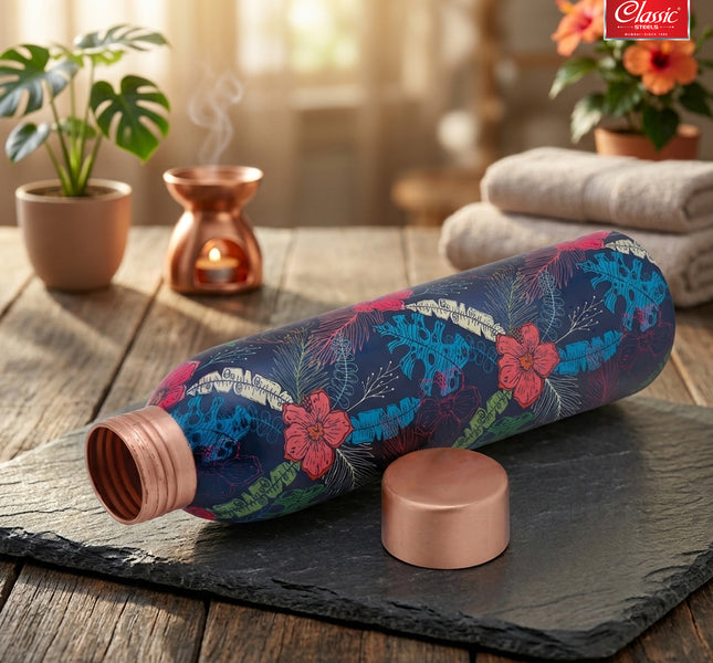 Blue Floral Printed Pure Copper Water Bottle 1 Litre