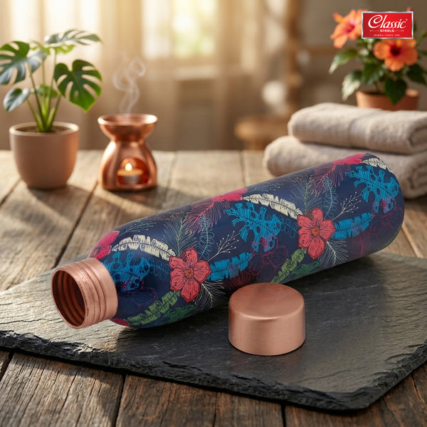 Blue Floral Printed Pure Copper Water Bottle 1 Litre