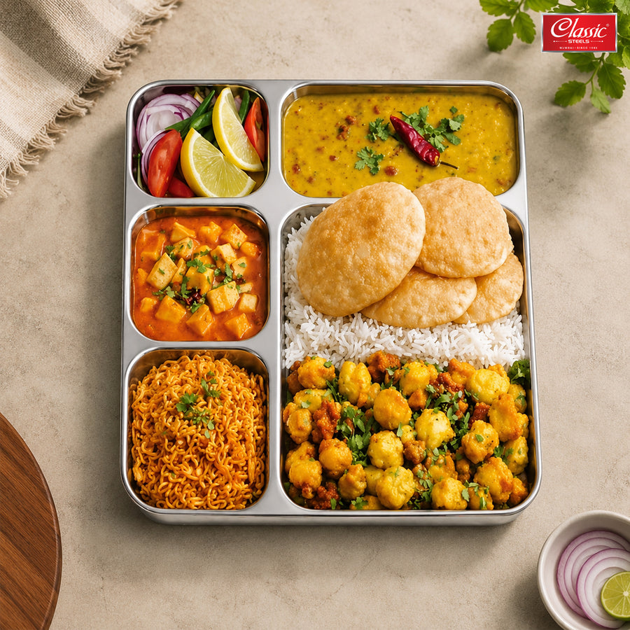 Stainless Steel 5-in-1 Rectangular Bhojan Thali