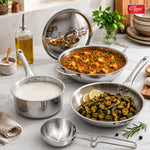 Stainless Steel 22 cm Triply Cookware Gift Set (5 Pieces) with Glass Lid, Fry Pan, Kadai, Saucepan, Tadka Pan Food-Grade Tri-Ply