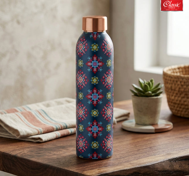 Blue Floral Printed Pure Copper Water Bottle 1 Litre  Lightweight, Leak-Proof Antibacterial