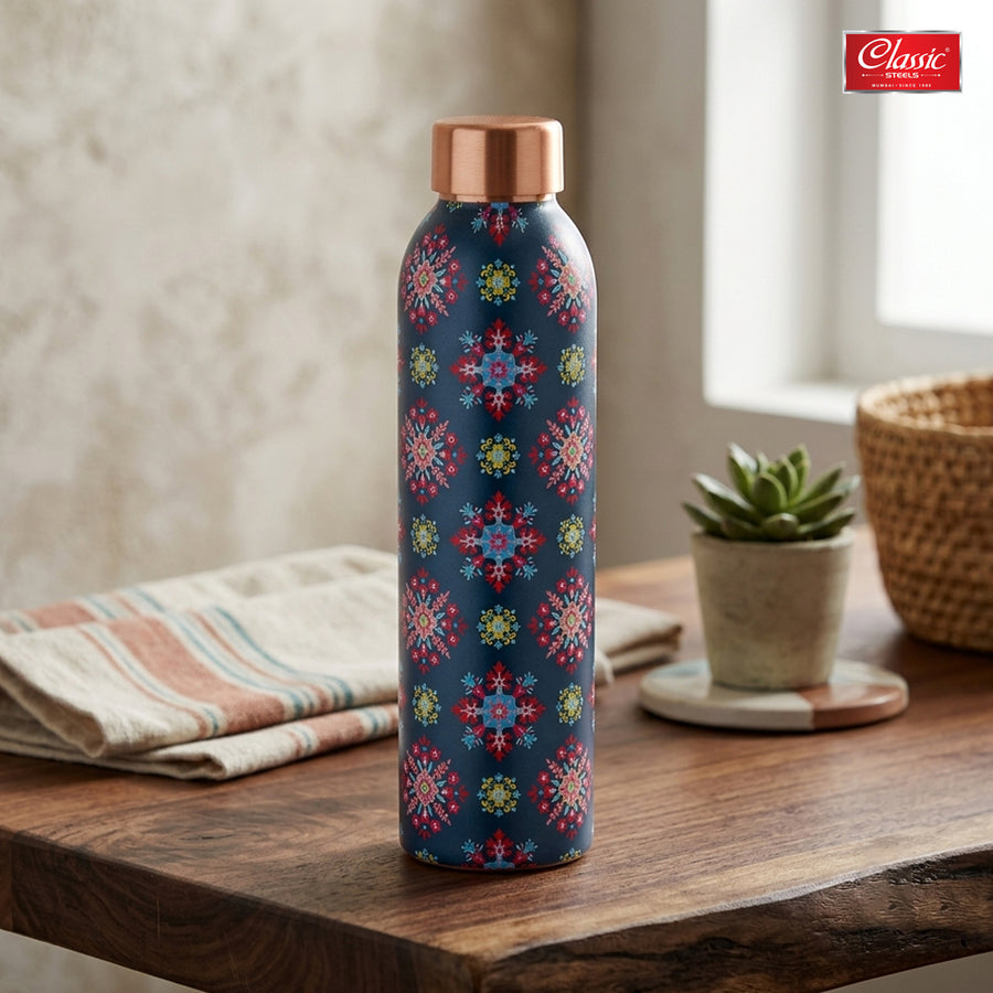 Blue Floral Printed Pure Copper Water Bottle 1 Litre  Lightweight, Leak-Proof Antibacterial