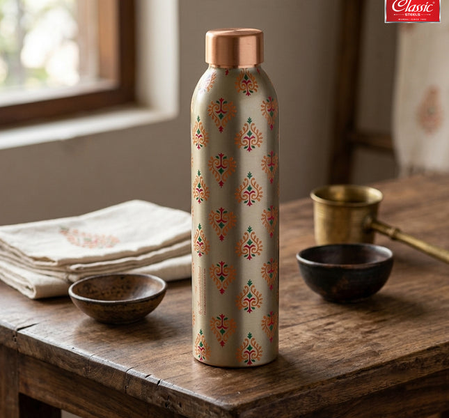 Ethnic Green Printed Pure Copper Water Bottle 1 Litre  Lightweight, Leak-Proof