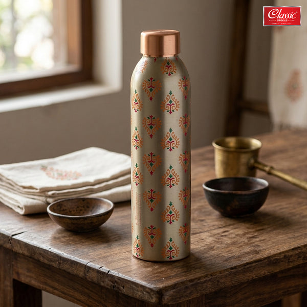Ethnic Green Printed Pure Copper Water Bottle 1 Litre  Lightweight, Leak-Proof
