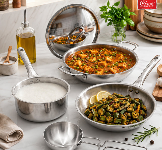 Stainless Steel Triply Cookware Gift Set (5 Pieces) with  Steel Lid, Fry Pan, Kadai, Saucepan, Tadka Pan Food-Grade Tri-Ply