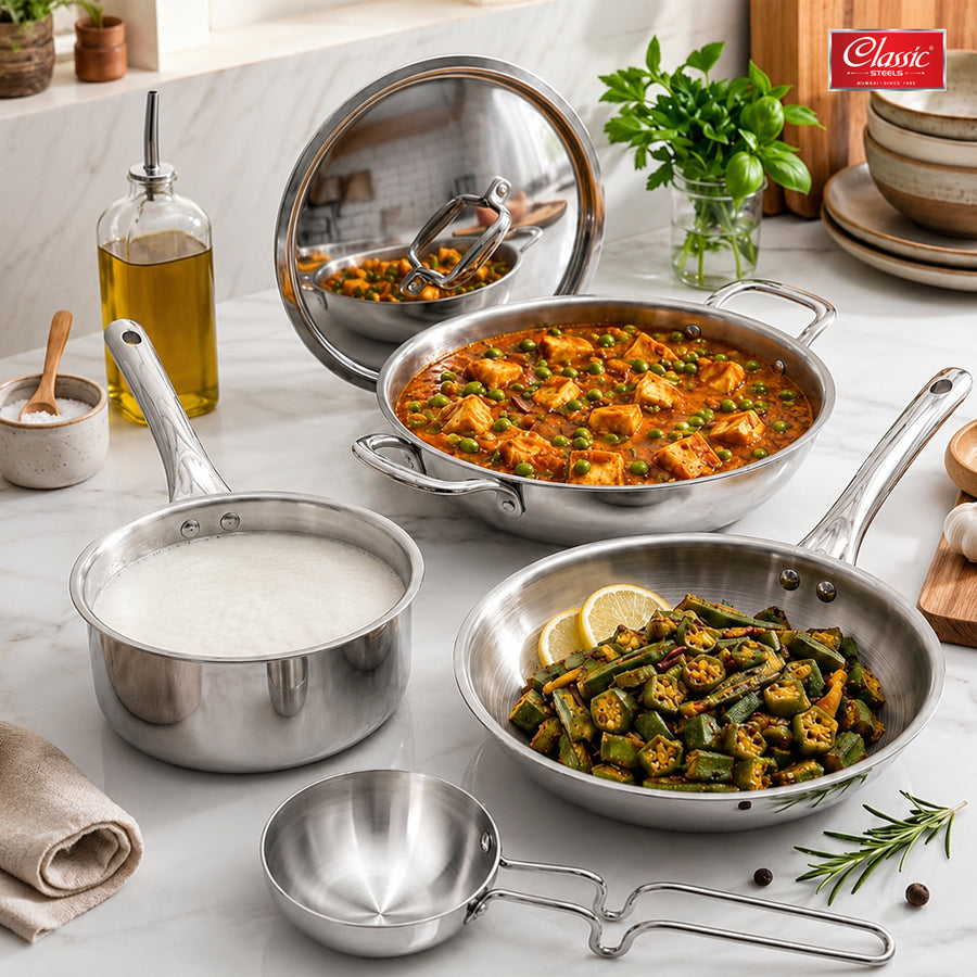 Stainless Steel Triply Cookware Gift Set (5 Pieces) with  Steel Lid, Fry Pan, Kadai, Saucepan, Tadka Pan Food-Grade Tri-Ply