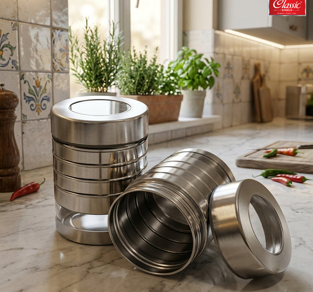 Utility Canister Set of  Airtight Stainless Steel Kitchen Storage Containers with See-Through Window & Top View Lid