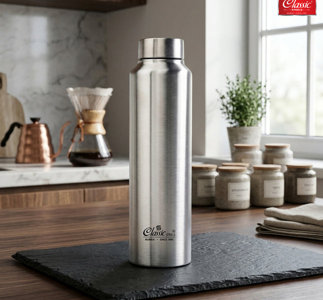 Daily Water Bottle Silver, Single Walled, Leak Proof Lid, Rust Proof, Multipurpose