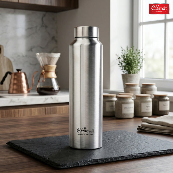 Daily Water Bottle Silver, Single Walled, Leak Proof Lid, Rust Proof, Multipurpose