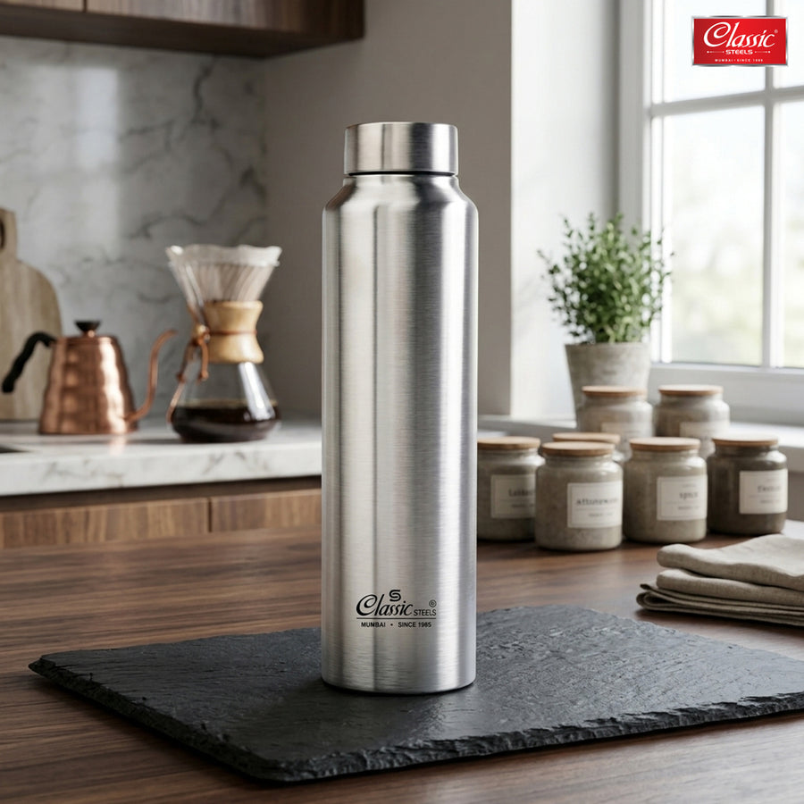 Daily Water Bottle Silver, Single Walled, Leak Proof Lid, Rust Proof, Multipurpose