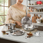 Stainless Steel 22 cm Triply Cookware Gift Set (5 Pieces) with Glass Lid, Fry Pan, Kadai, Saucepan, Tadka Pan Food-Grade Tri-Ply