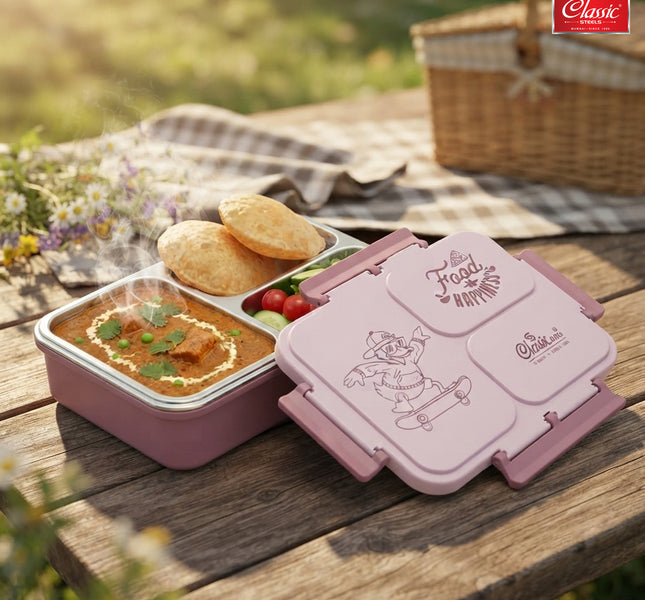 Insulated 3-Compartment Stainless Steel Lunch Box for Kids & Adults