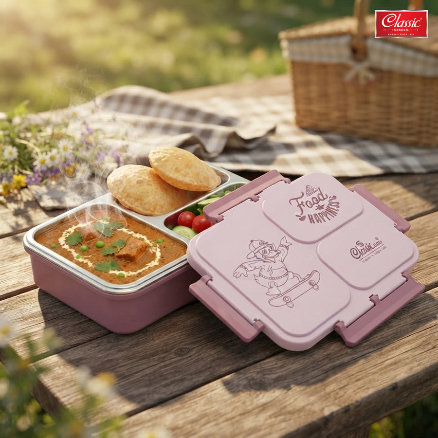 Insulated 3-Compartment Stainless Steel Lunch Box for Kids & Adults