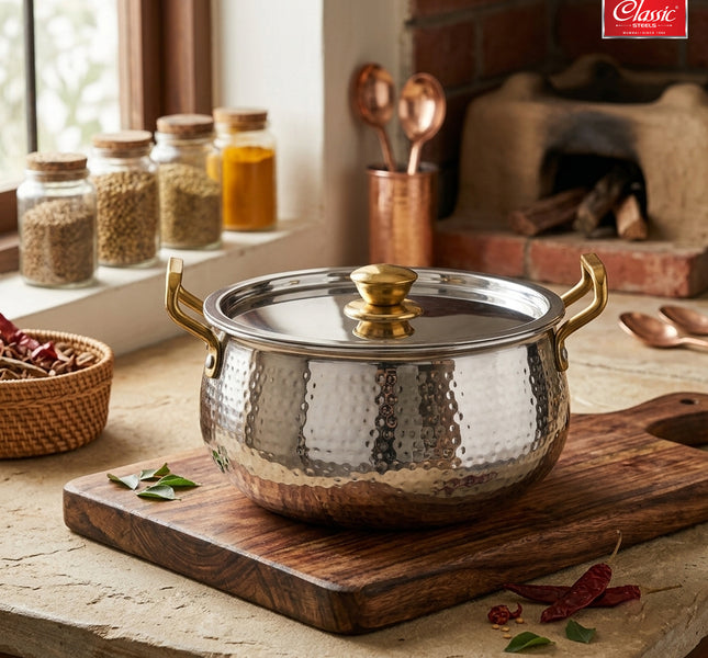 Triply Hammered Stainless Steel Handi with Lid
